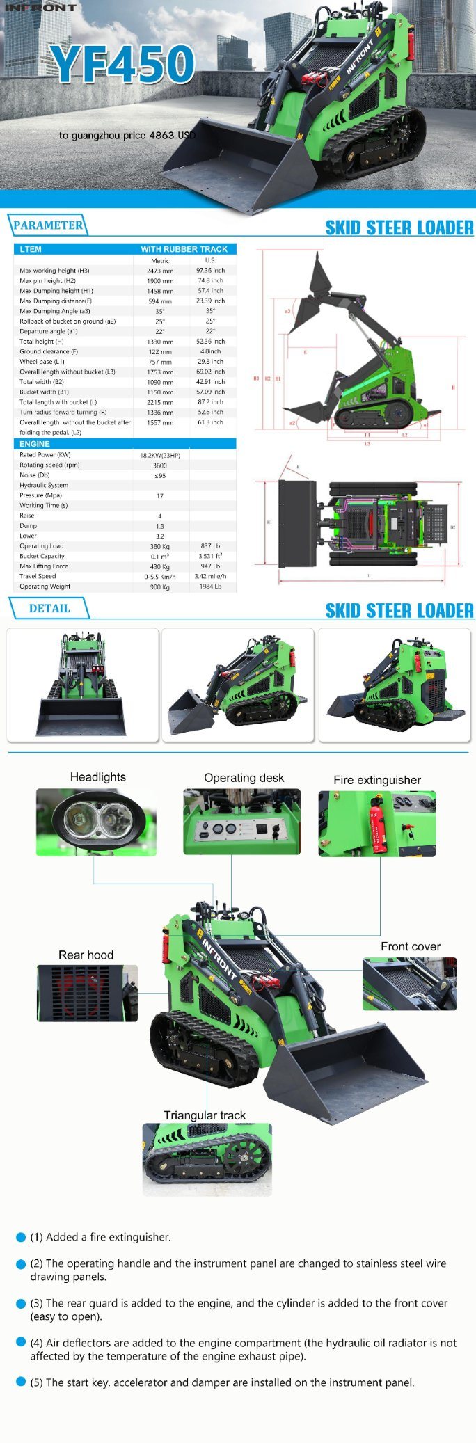 2024 New List Weight 1100kg Loading Weight 450kg China Skid Steer Loader
